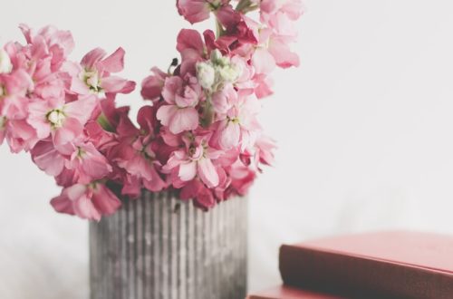 pink flowers on brown wooden vase beside a pile of books -- a sense of happiness