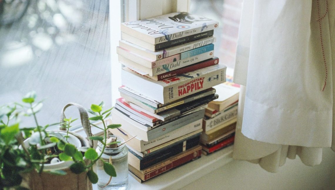 assorted-title book lot beside window