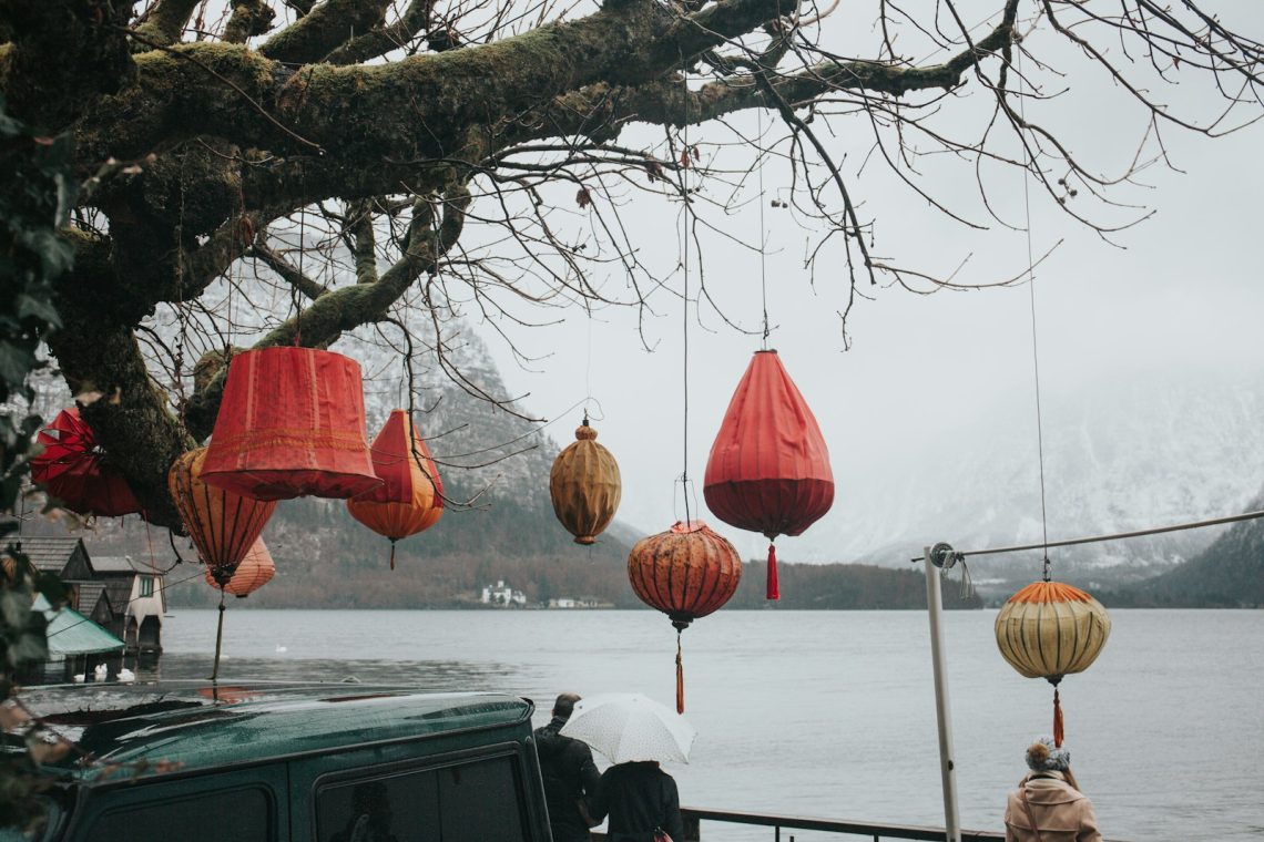 several paper lanterns on tree by a lake
