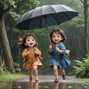 cartoon cute happy children running under the rain with an umbrella